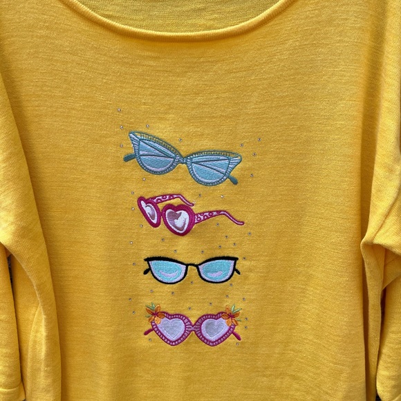 Bua//Bua Yellow Sweater with Embroidered Sunglasses Size L - Picture 2 of 3